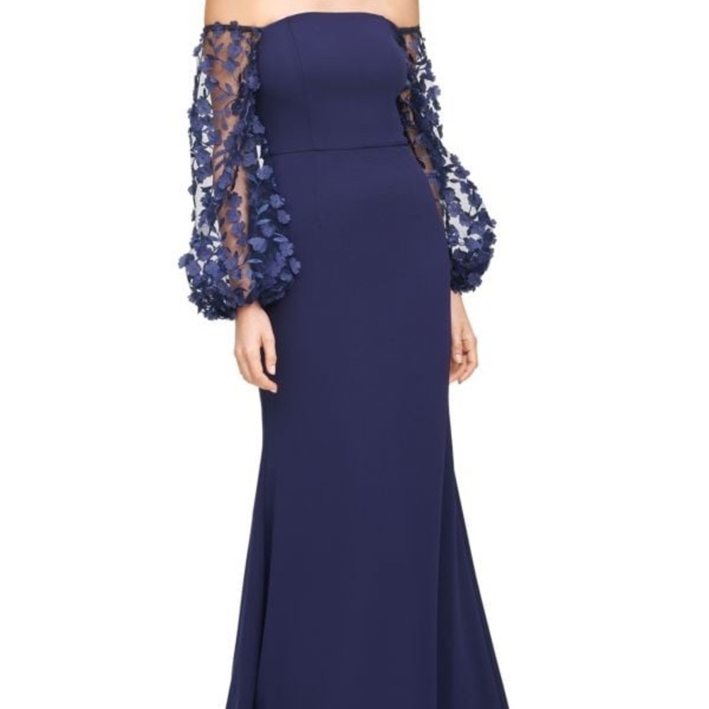 Eliza J Blue Off-Shoulder Floral Sleeve Crepe Bandeau Gown